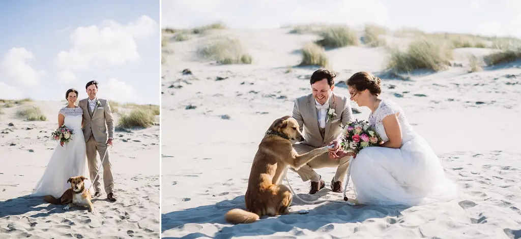 Brautpaar mit Hund am Strand der Insel Juist
