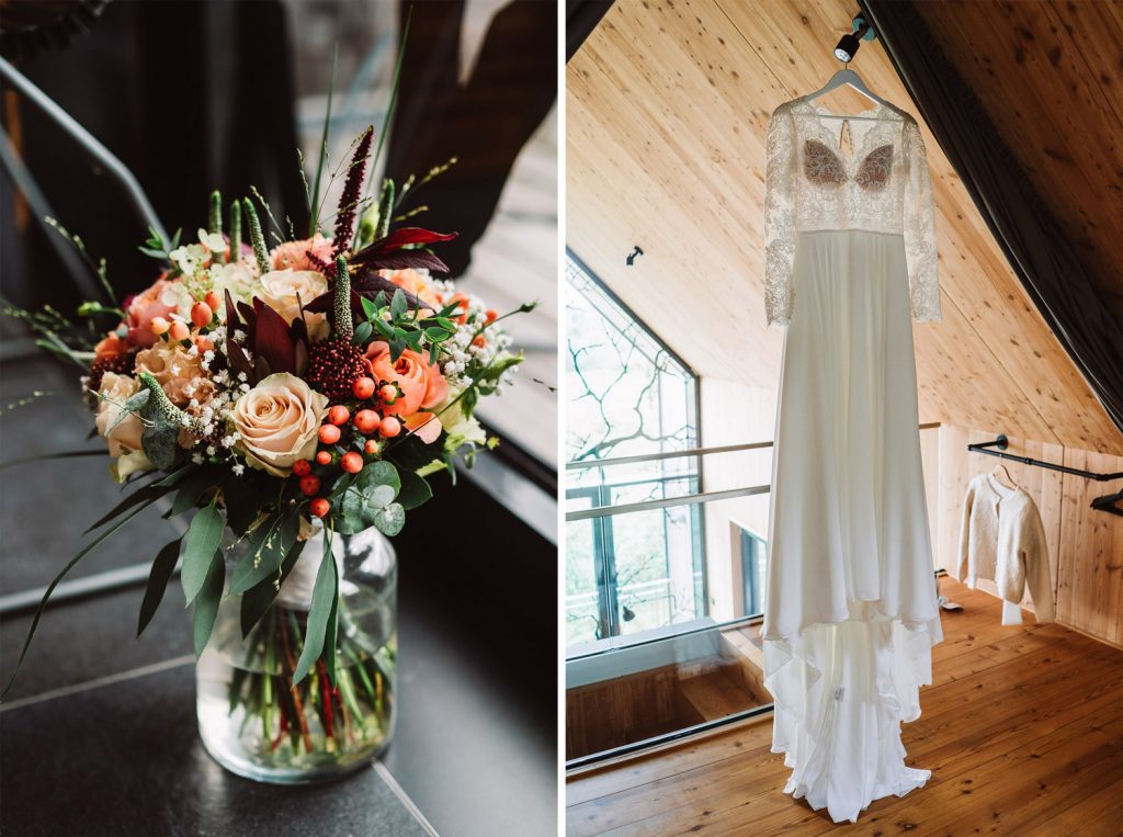 Hochzeitskleid und Brautstrauß im Baumhaus Lütetsburg – Hochzeitsfotograf Elmar Tapper