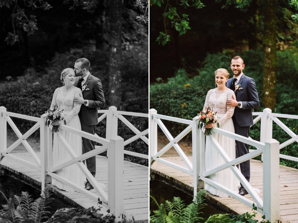 Hochzeitsfoto Schlosspark Lütetsburg – Brücke und Teich im Park