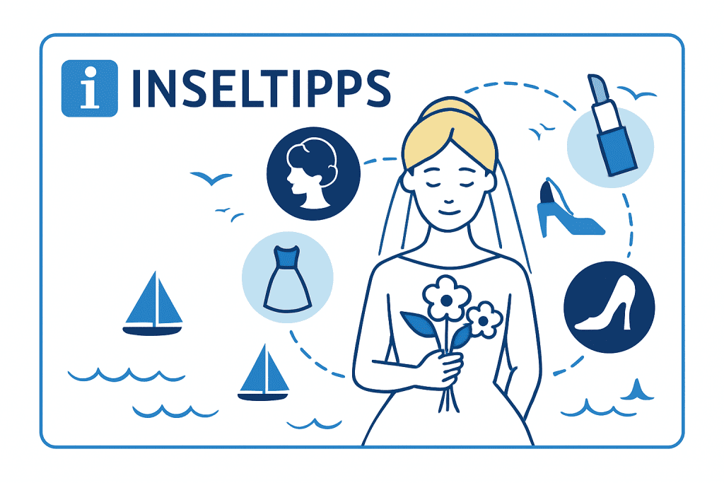 Illustration einer Braut mit Symbolen für Frisur, Make-up, Kleid und Schuhe – Inseltipps für die Hochzeit auf den Ostfriesischen Inseln