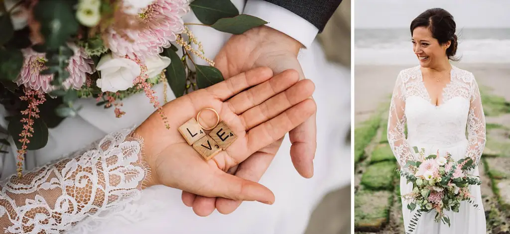 Detailaufnahme der Hochzeitsringe und Brautporträt am Strand von Norderney nach der Trauung
