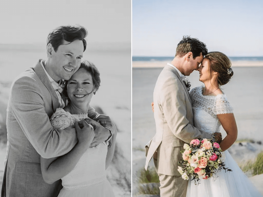 Brautpaar bei innigen Momenten am Strand von Juist – natürliche Hochzeitsfotos mit Nordseelicht