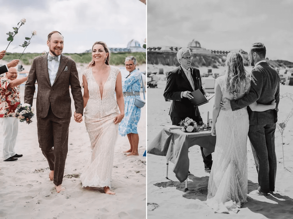 Brautpaar bei der Strandhochzeit auf Juist – natürliche Hochzeitsfotos am Nordstrand mit Meerblick