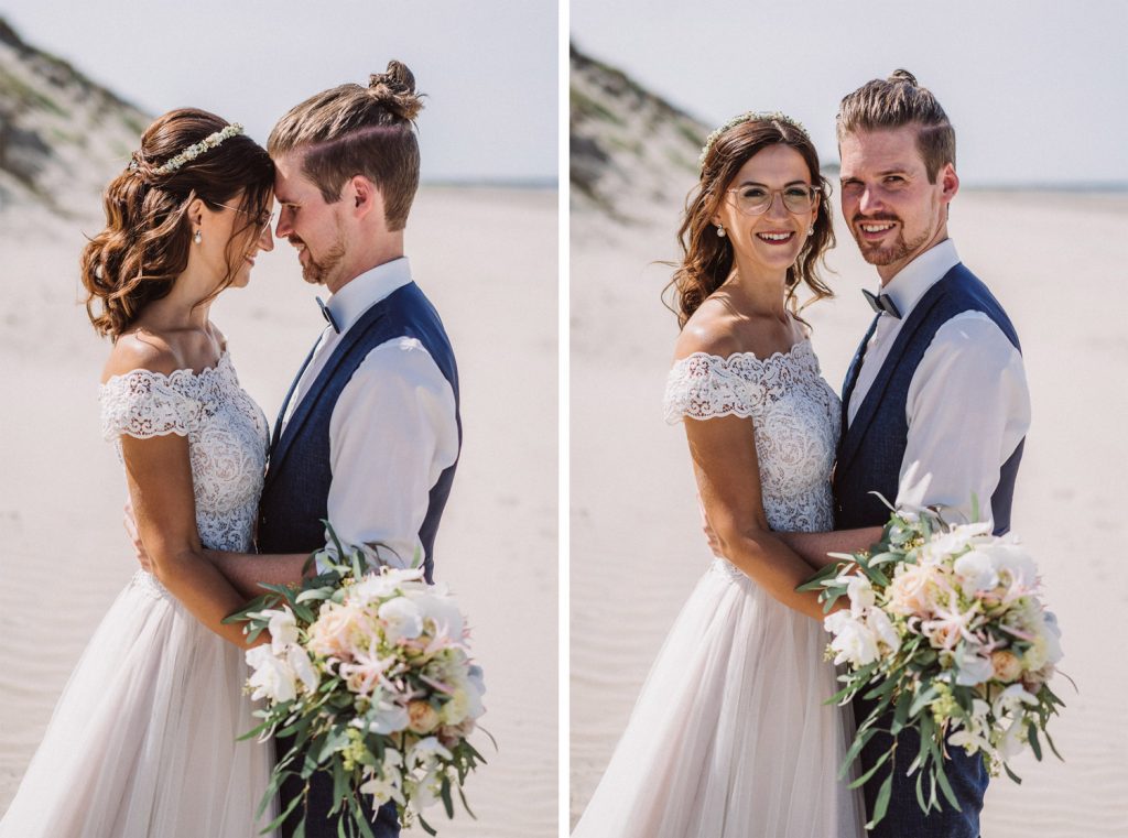 Hochzeitsfoto von einem Brautpaar bei einer Hochzeit am Strand der Insel Norderney