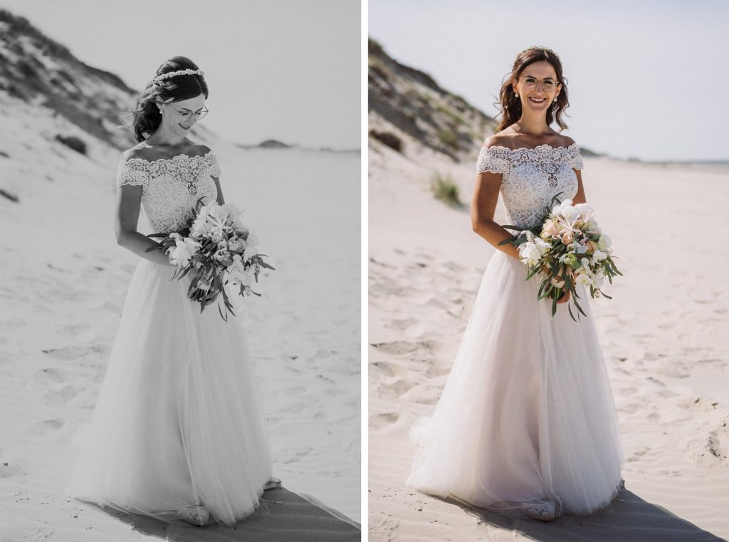 Braut mit Brautstrauß am Strand von Norderney nach der Trauung