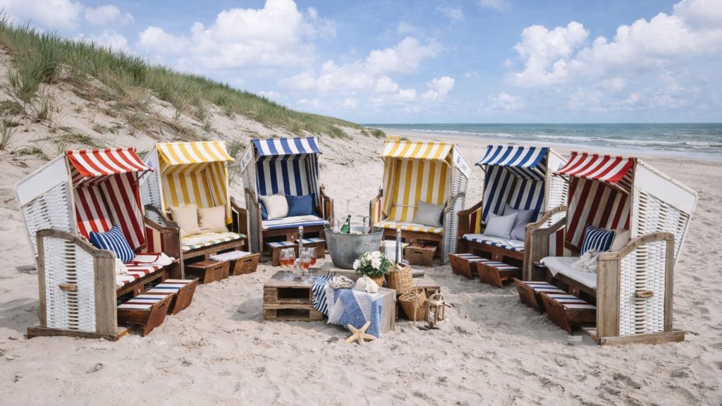 Dekorierte Strandkörbe für einen Sektempfang einer Hochzeit am Strand von Langeoog