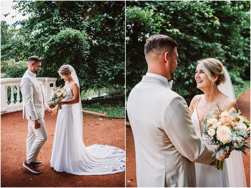 Braut und Bräutigam beim First Look im Schlossgarten Oldenburg – emotionale Hochzeitsreportage