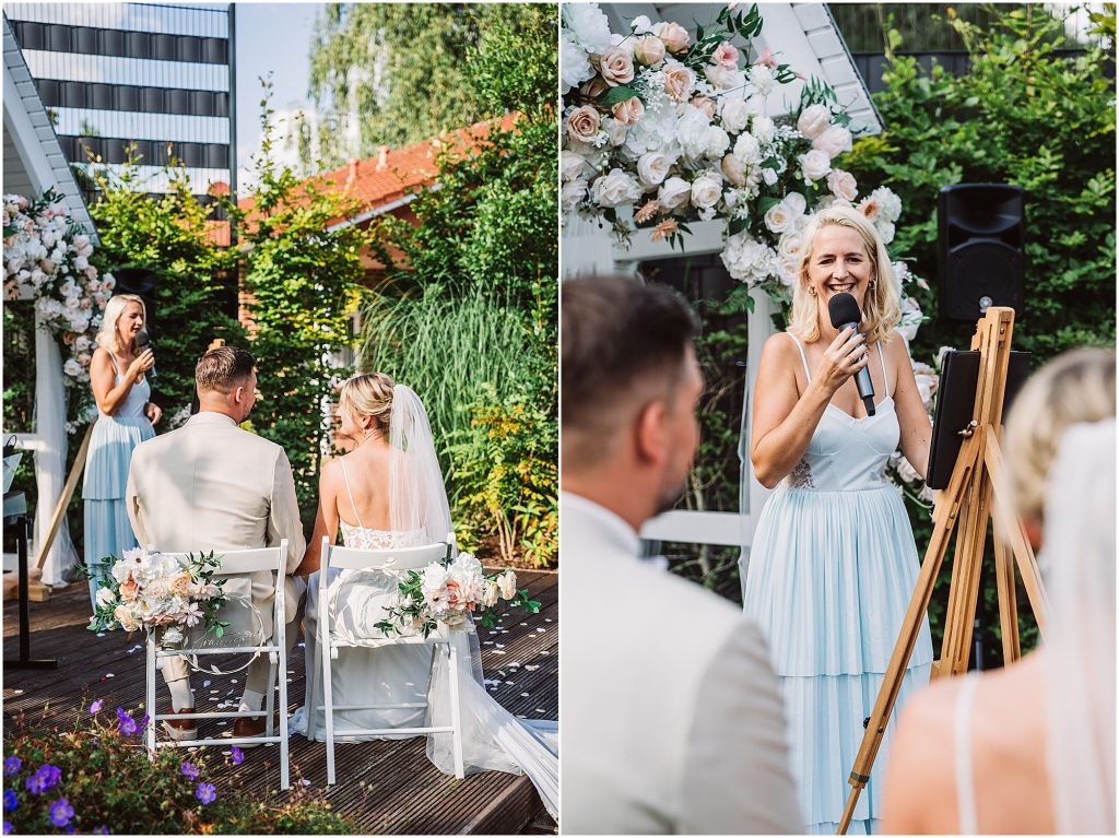 Brautpaar hört bei der freien Trauung im Müggenkrug Oldenburg aufmerksam zu – ruhiger Moment der Zeremonie